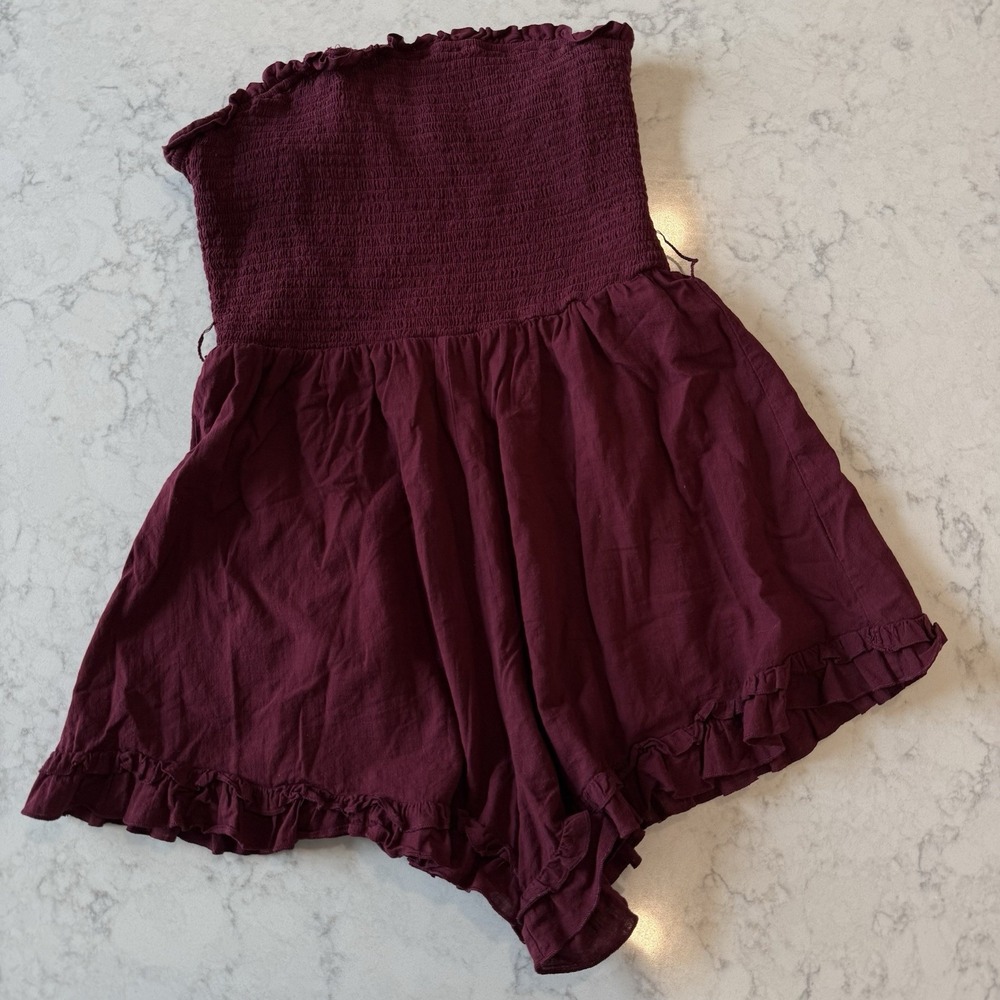 Zexxxy Burgundy Romper Sleeveless Smocked Ruffle Hem Women's Small Cotton Linen